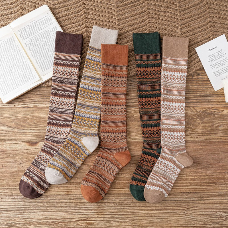 Women's Ethnic Style Knee Socks - Harajuku Striped Cotton