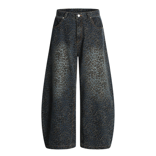 Retro Leopard Print Wide Leg Jeans for Men