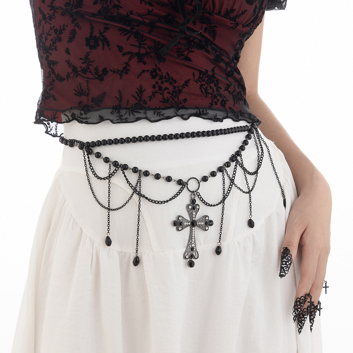Dark Wind Cross Iron Chain Waist Body Chain with Tassels