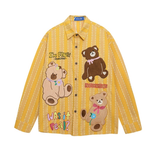 Retro Fun Cute Bear Embroidery Striped Loose Casual Long Sleeve Shirt Top for Men and Women