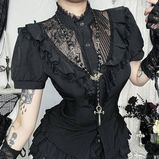 Black Lace Hollow-Out Short-Sleeved Top