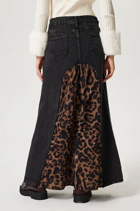 Versatile Leopard Print Denim Skirt - Harajuku Style