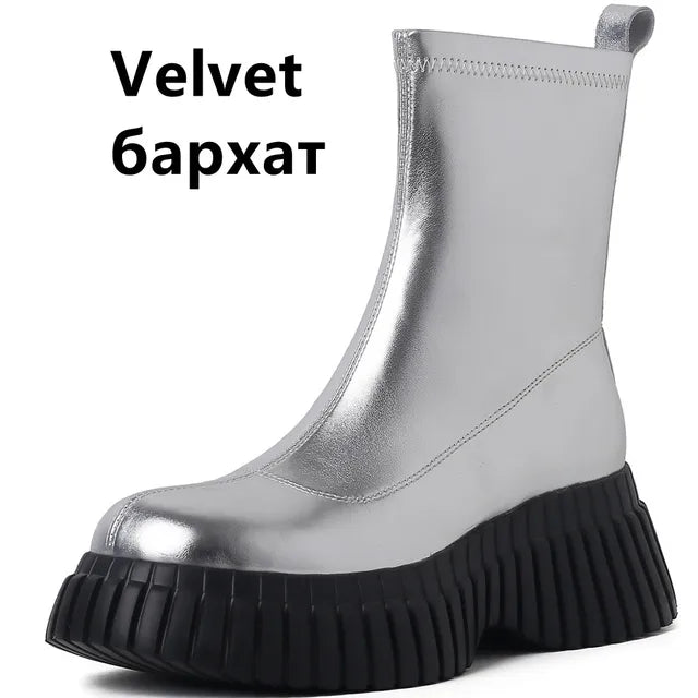 Fashion Platforms for Women - Stretch Short Boots - Genuine Leather Casual Ankle Boots - Round Toe Shoes