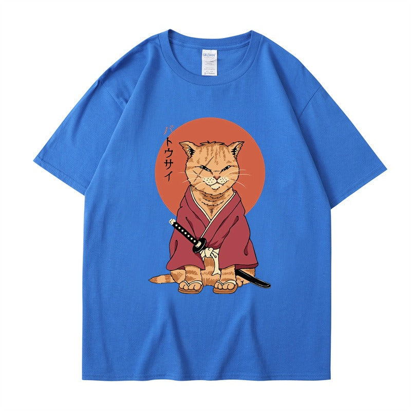 Cute Ninja Cat Print T-Shirt for Men and Women, Cool Summer Short Sleeved Round Neck T-Shirt