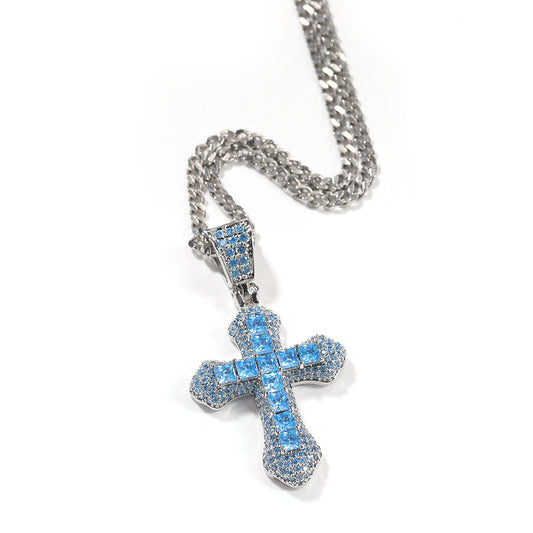 Hip Hop Blue Zircon Cross Necklace - Harajuku Style