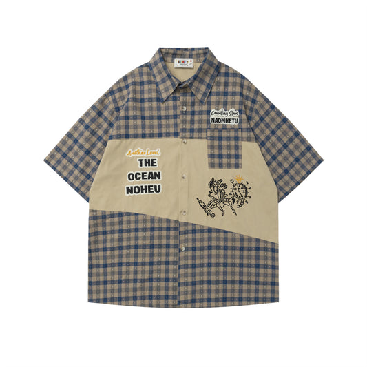 Color Block Cartoon Letter Embroidery Short Sleeve Shirt