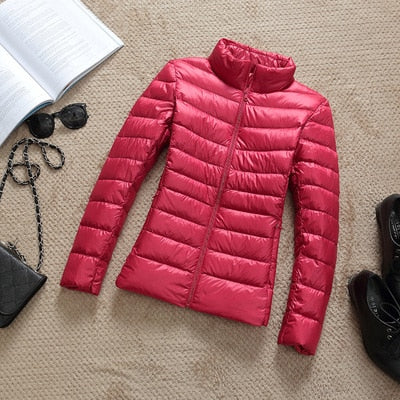 Ultra-Lightweight Slim Down Jacket for Women – Short Hooded Warm White Duck Down Coat