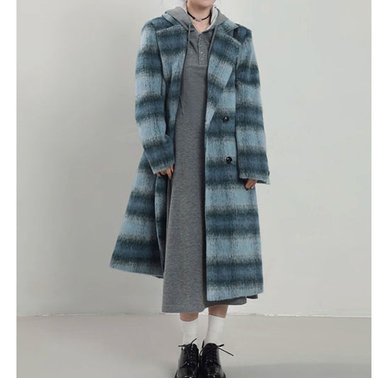 Korean Style Blue Plaid Woolen Overcoat for Women