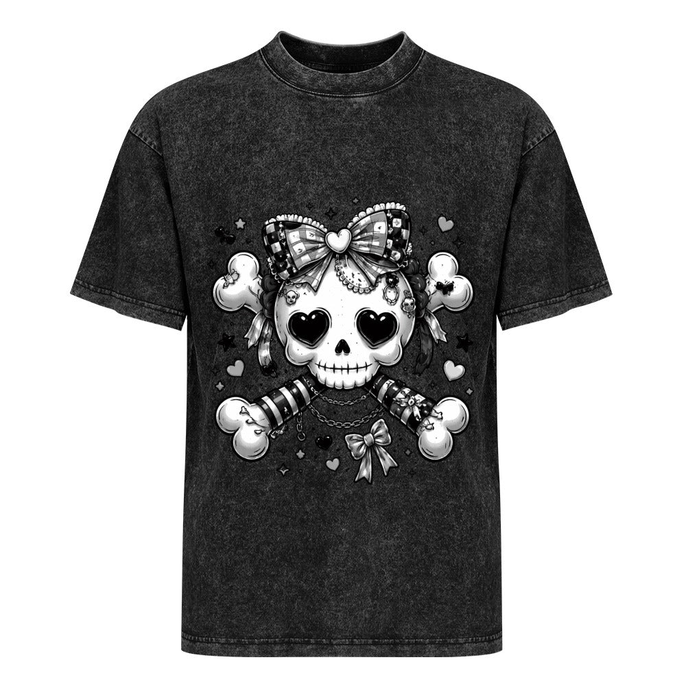 Harajuku Skull and Crossbones Hot Vintage Wash Off Shoulder Short-Sleeved T-Shirt