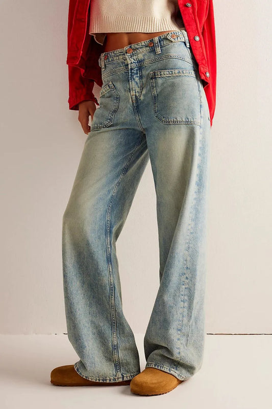 Playful Washed Wide Leg Jeans with Pockets