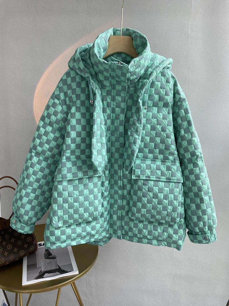Korean Plaid Down Jacket for Women - Stylish Winter Puffer