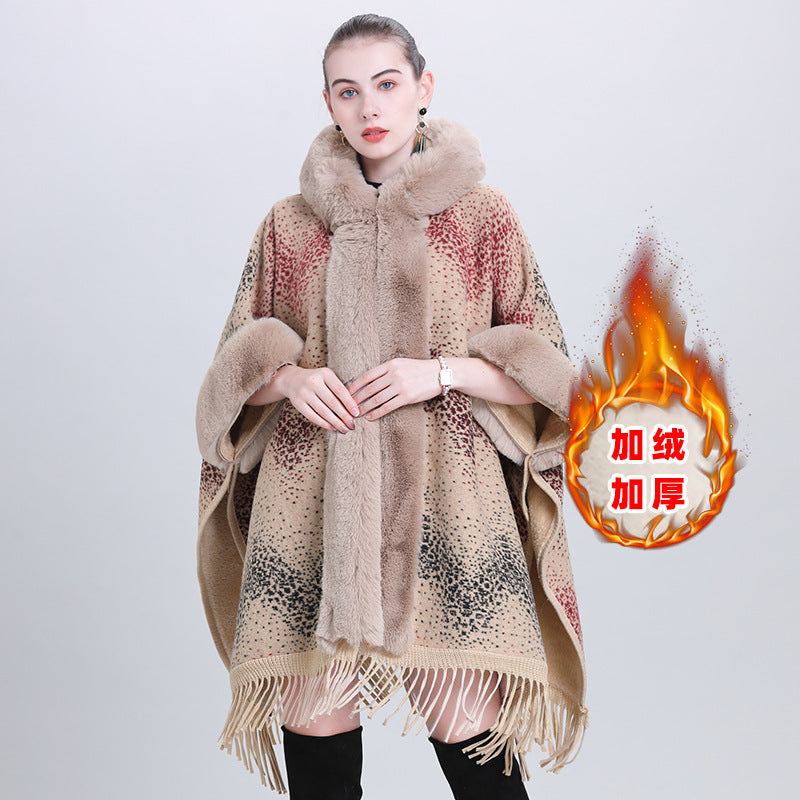 Poncho with Fleece Lining - Thick Knitted Hooded Shawl Featuring Fur Collar and Tassels