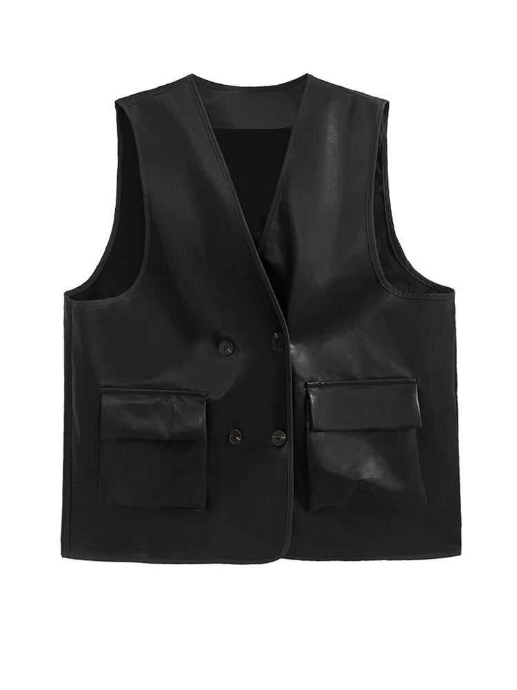 Coffee Color PU Leather Vest - Women Loose Fit V-Collar