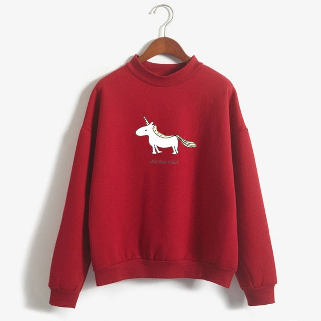 Kawaii Unicorn Print Fleece Turtleneck Hoodie