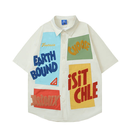 Retro Embroidered Collar Short Sleeve Unisex Casual Shirt