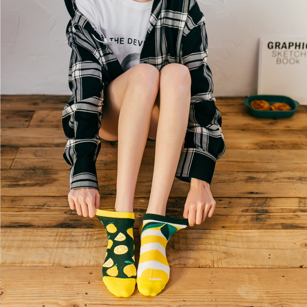 Playful Harajuku Men's Cotton Ankle Socks - Funny Animal & Fruit Designs
