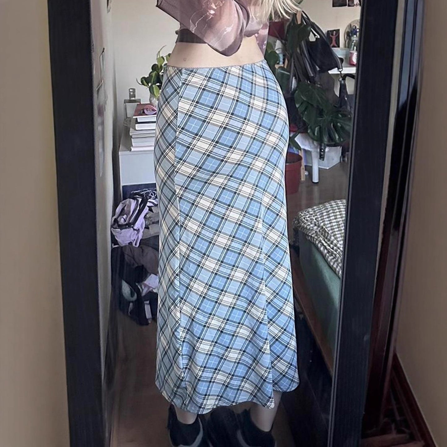 Vintage Literary Elegant Plaid Slim Fit Pencil Long Mermaid Skirt