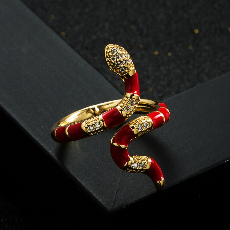 Harajuku Style Copper Gold Plated Zircon Drip Oil Snake Ring