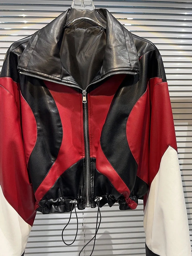 Women's Contrast Color Patchwork Motorcycle Leather Jacket