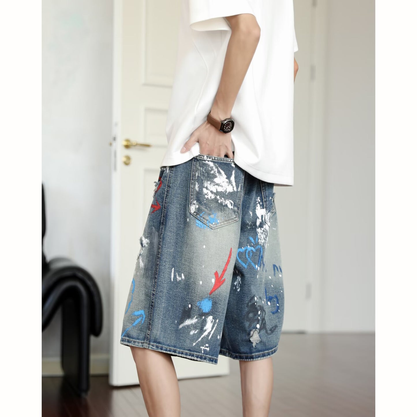 Harajuku Style Graffiti Printed Denim Cropped Pants