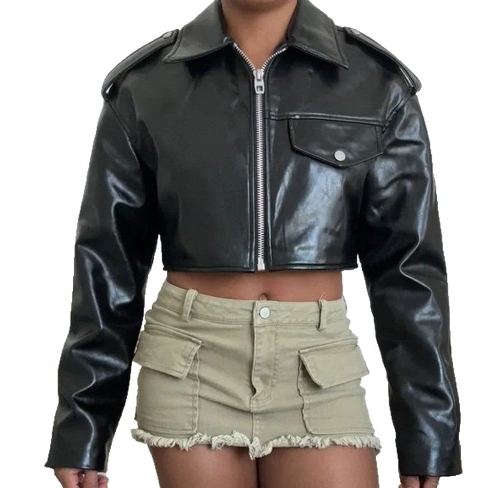 Loose Black Faux Leather Short Jacket for Women
