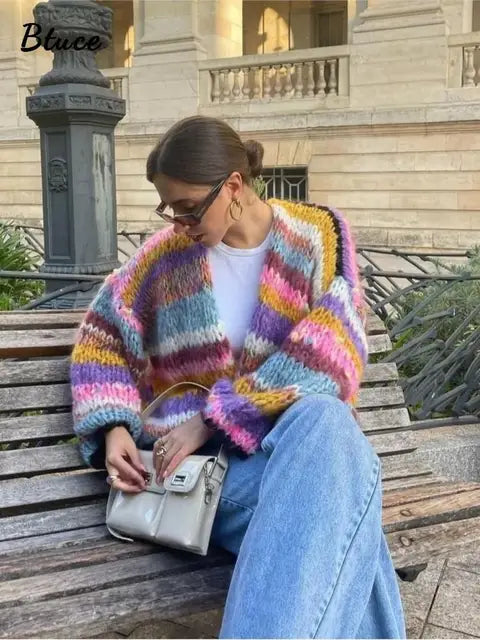 Playful Autumn Striped Crochet Cardigan for Women