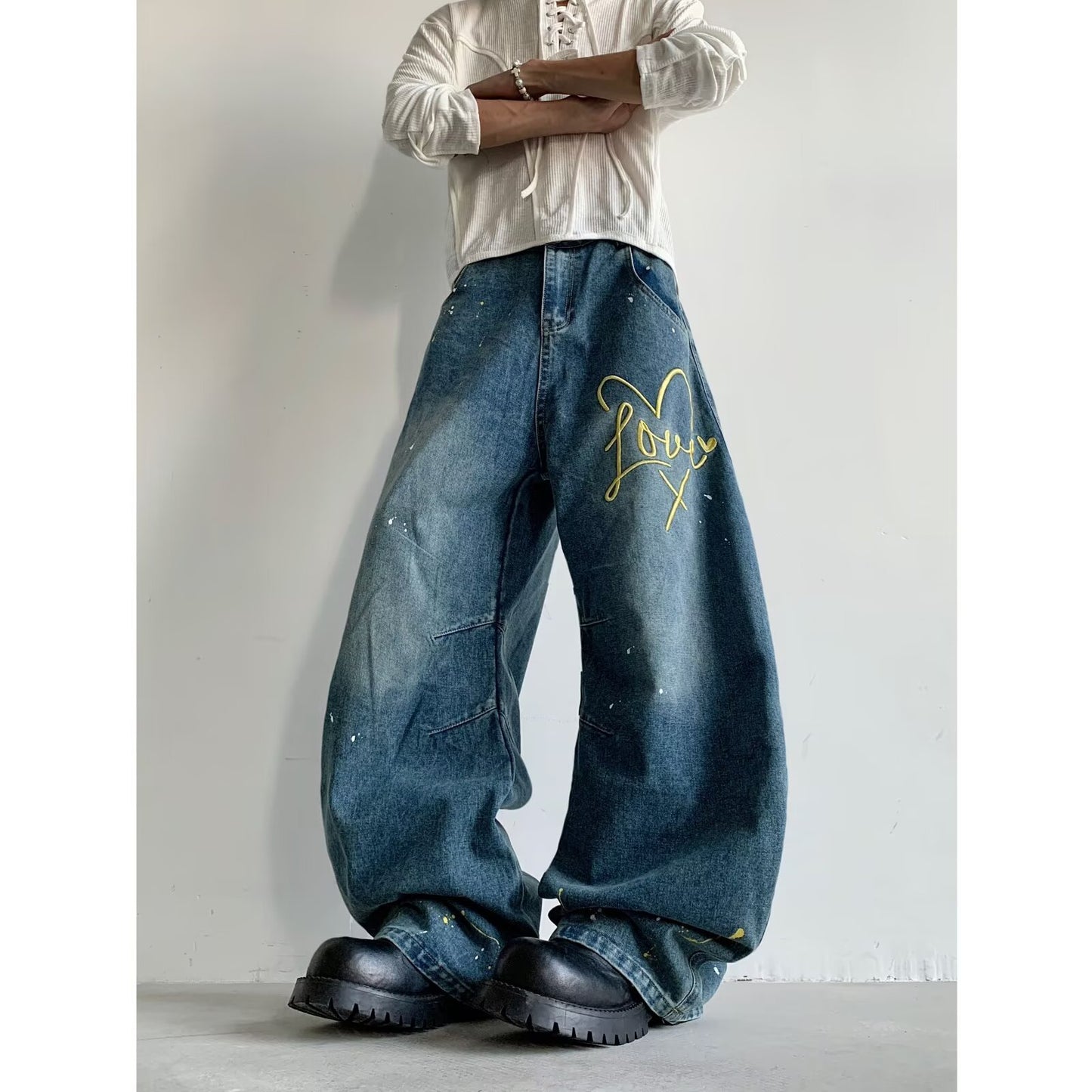 Playful Embroidered Ink Splash Wide Leg Pants