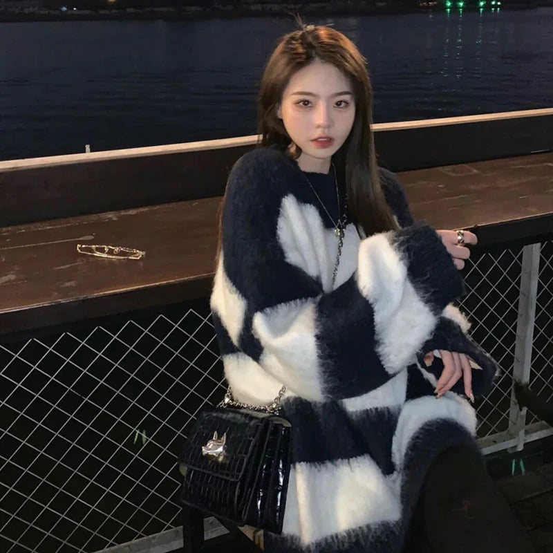 Women's Mohair Sweater - Fashion Striped Egirl Knit Top - Sexy Pullover - Harajuku Oversized Knit Sweater - Emo Nightclub Streetwear