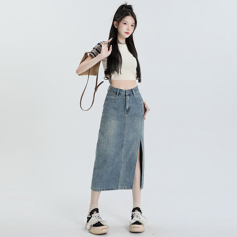 Women's High Waist Loose Fit A-Line Denim Midi Skirt with Slit for Summer