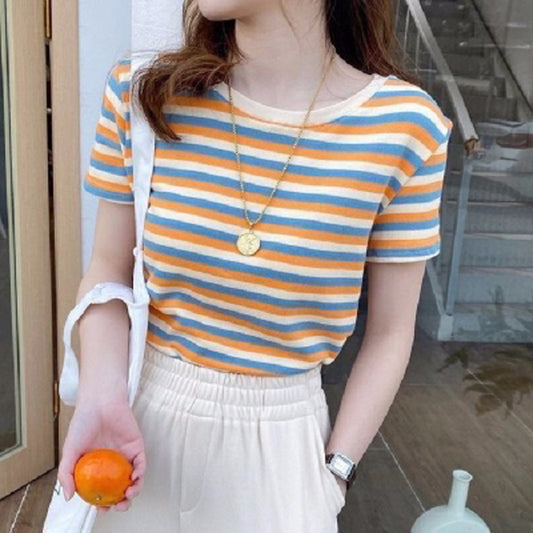 Stripe Short Sleeve T-Shirt Women Slim Fit Casual Top Basic Tee
