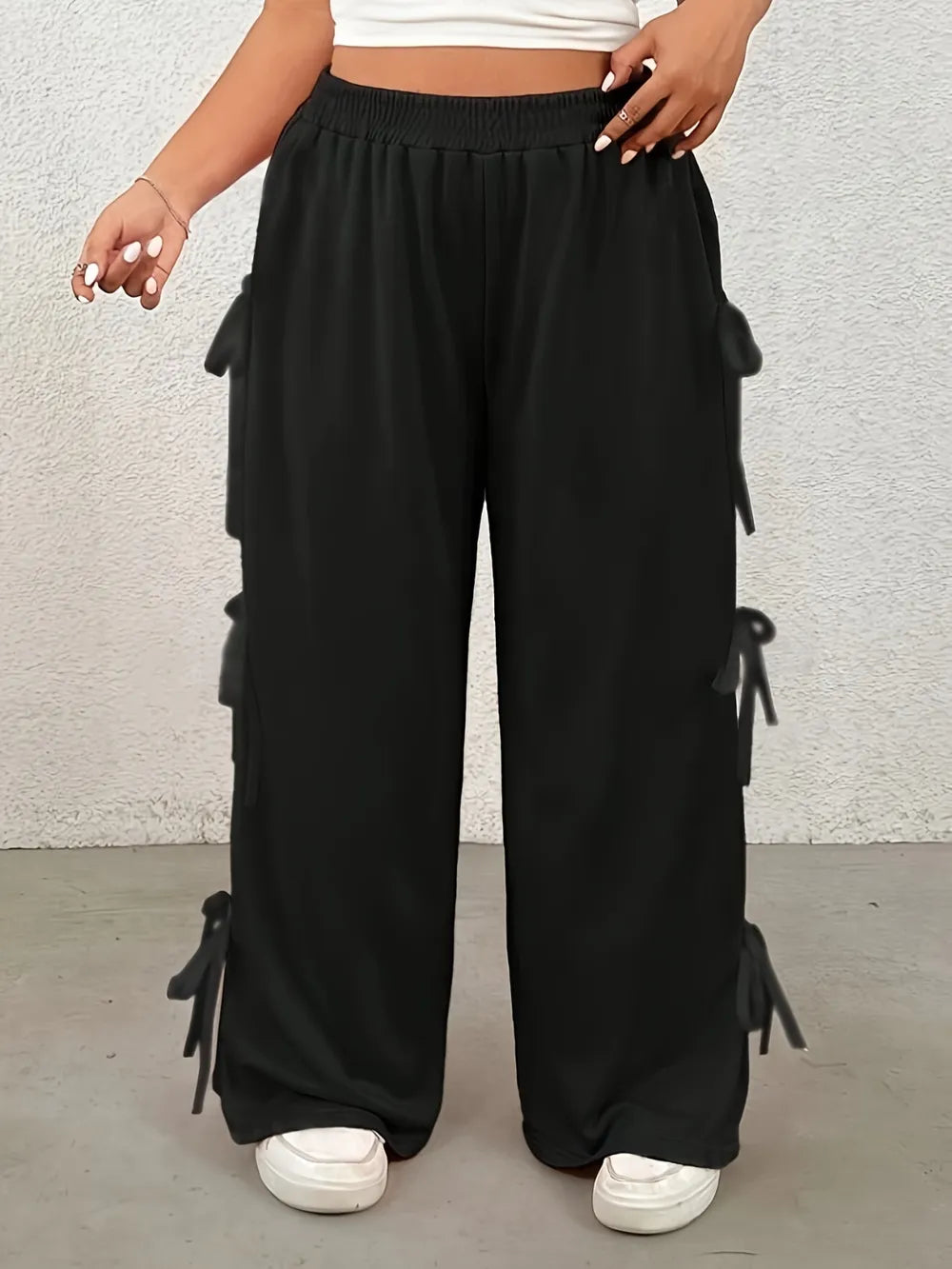Plus Size Bow Elastic Waist Wide Leg Pants for Playful Style