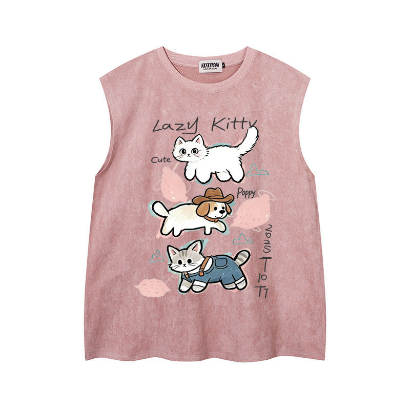 Stacked Cat & Dog Printed Vest — Harajuku Style Retro Deer Skin Velvet Vest