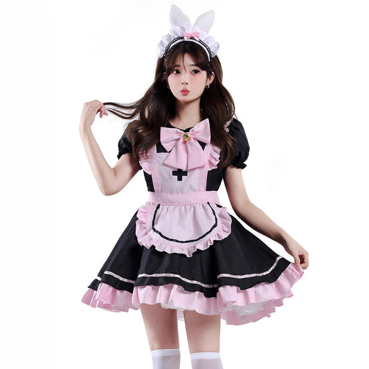 Room Coffee Lolita Black-and-Pink Maid Cosplay Cute Cat Bow Dress