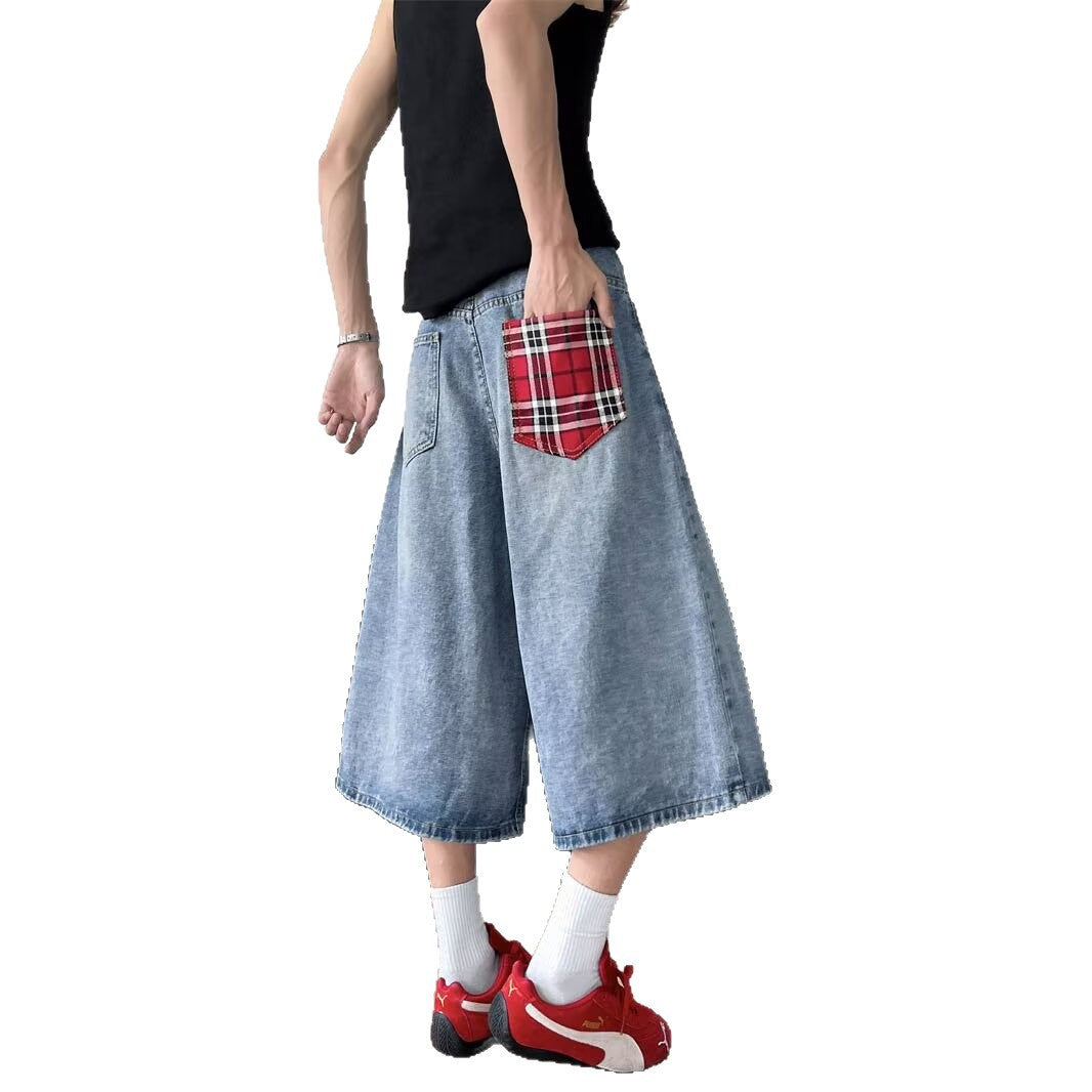 Grid Splicing Denim Wide Leg Shorts