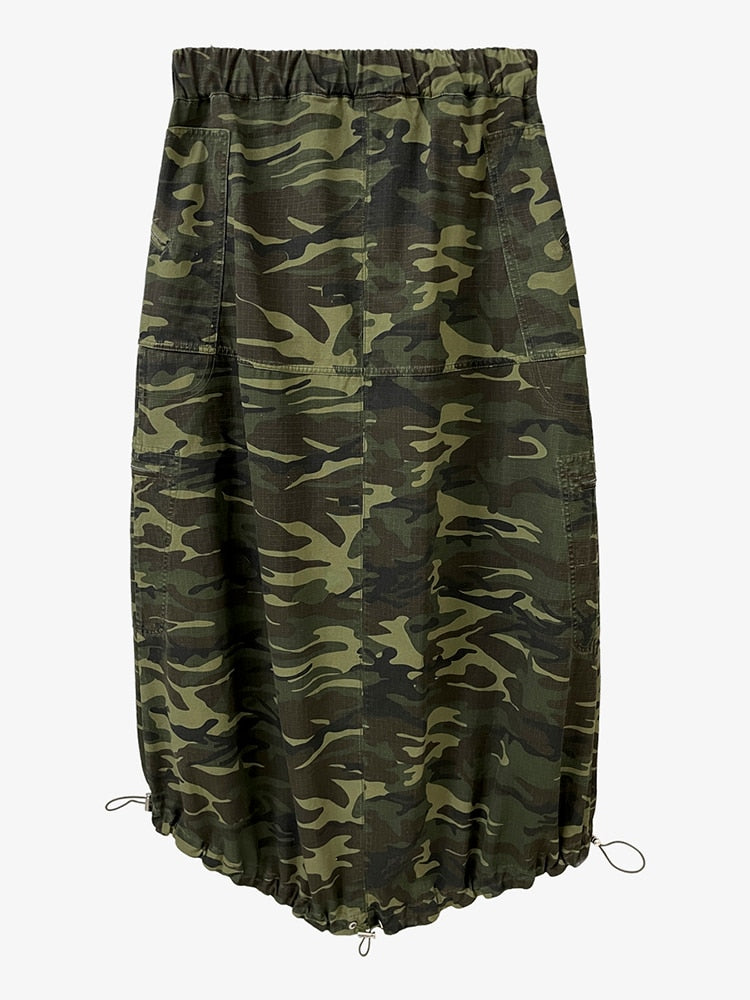 Harajuku Style Camo Midi Skirt - High Waist Colorblock