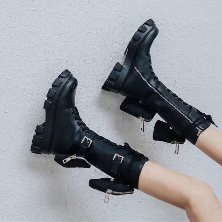 Women's Mid Boots - Leather Platform Tactical Knight Boots