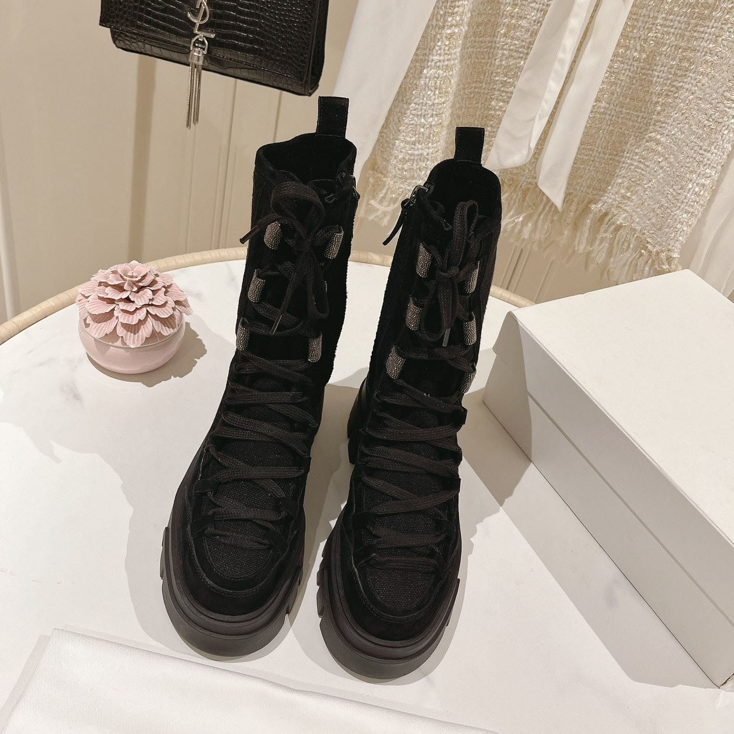 Lace-Up Mid-Calf Boots for Women - Rubber Anti-Slip Suede Ankle Boots