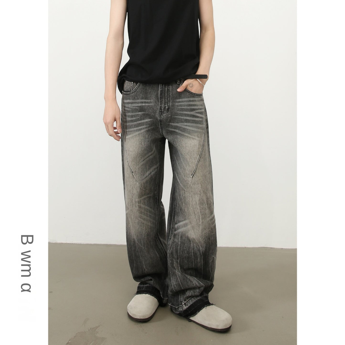 Nirben Denim | Frayed Hem Gray Loose Straight Jeans