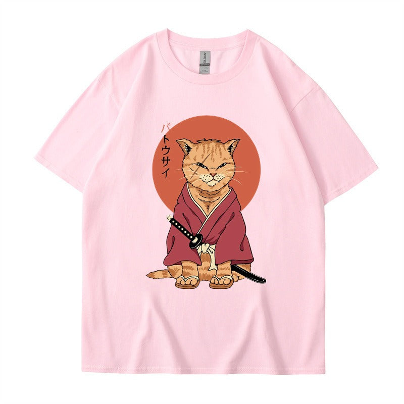 Cute Ninja Cat Print T-Shirt for Men and Women, Cool Summer Short Sleeved Round Neck T-Shirt