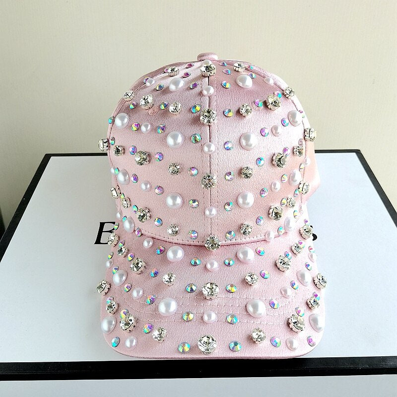 Harajuku Style Rhinestone Pearl Baseball Hat - White Pink