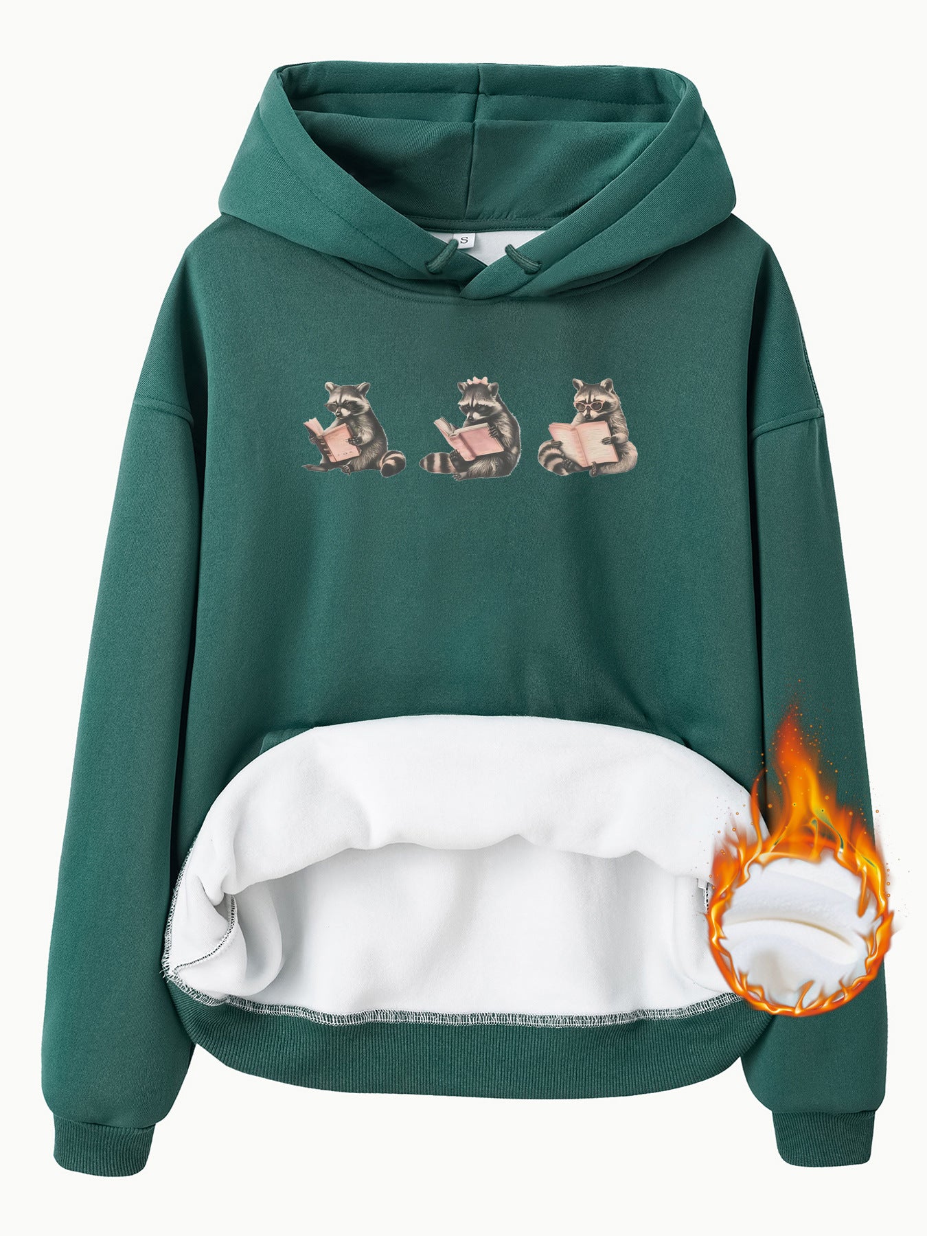 Hooded Long Sleeve Fleece Hoodie with Kangaroo Pocket and Raccoon Print