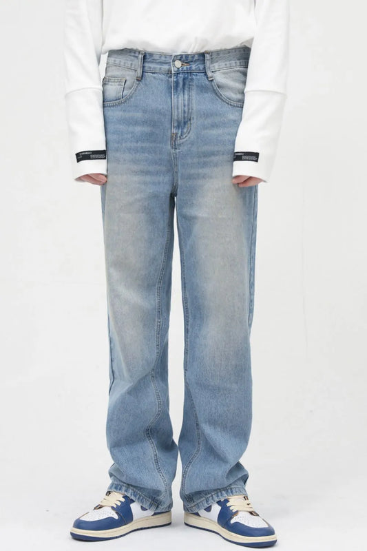 Harajuku Style Washed Mid Rise Jeans with Pockets