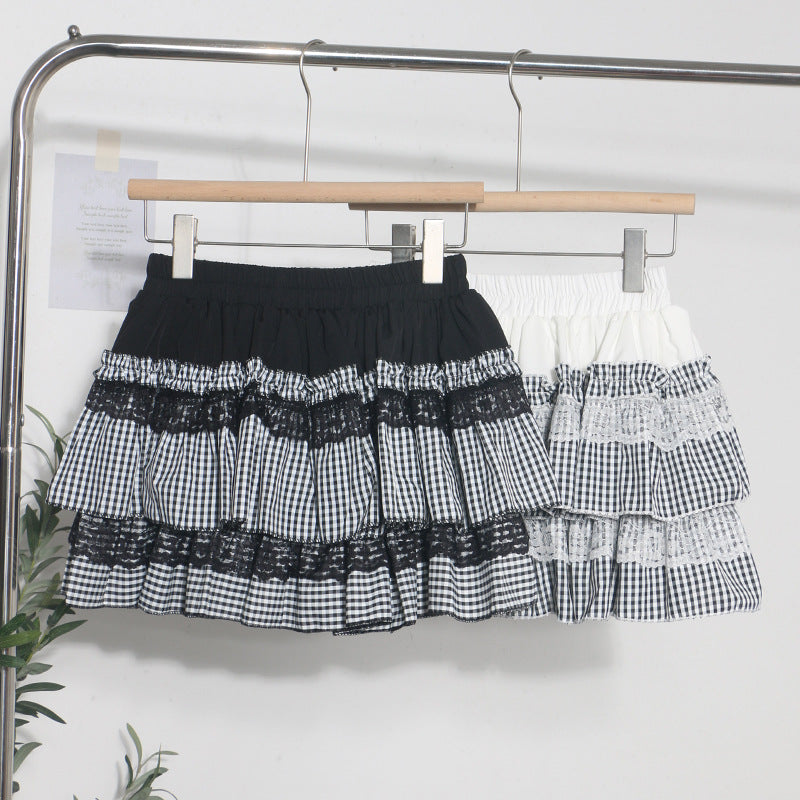 Lace Patchwork Plaid Skirt for Women