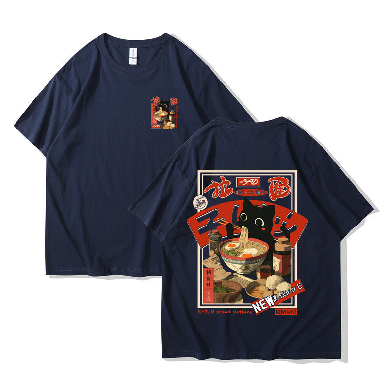 Harajuku Cat Cartoon Eating Noodles Graphic Unisex Casual Short Sleeve T-Shirt