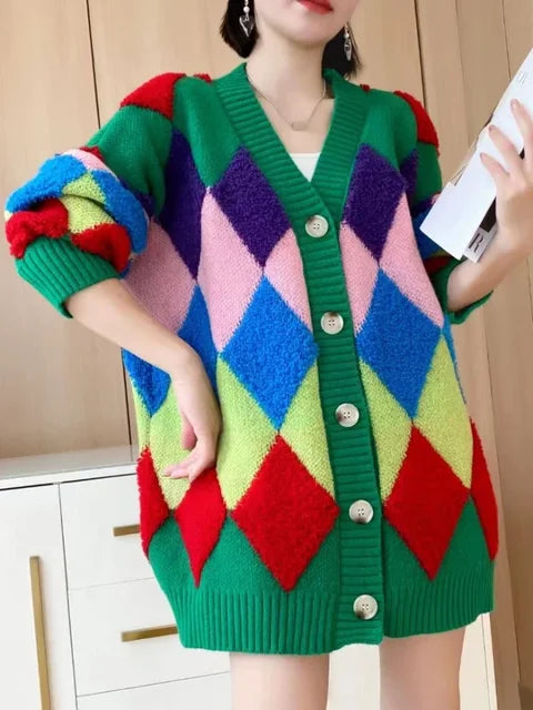 Playful Oversized Plaid Cardigan Sweater for Women