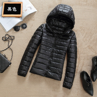 Ultra-Lightweight Slim Down Jacket for Women – Short Hooded Warm White Duck Down Coat