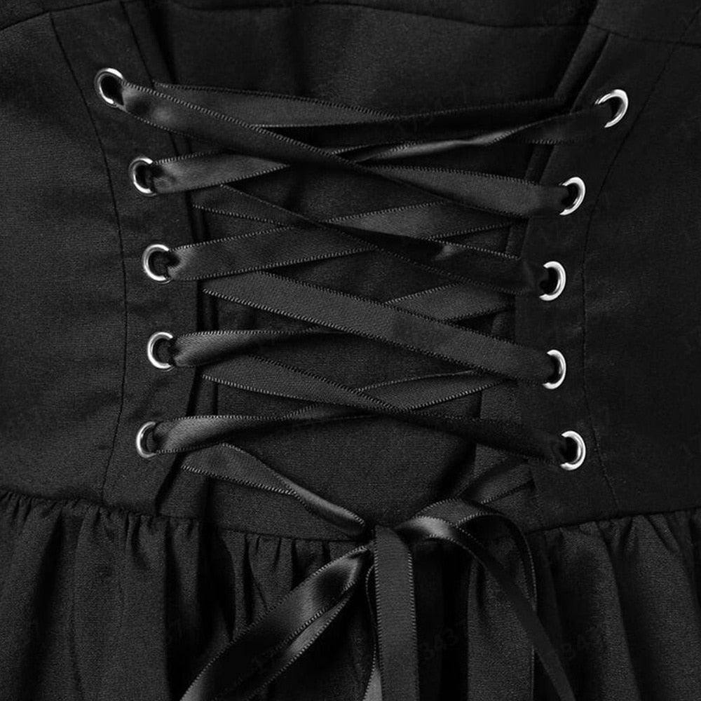 Vintage Elegant Lace-Up Gothic Retro Party Dress for Women – Gothic Punk Style with Long Flare Sleeves and Sexy Black Mesh Design