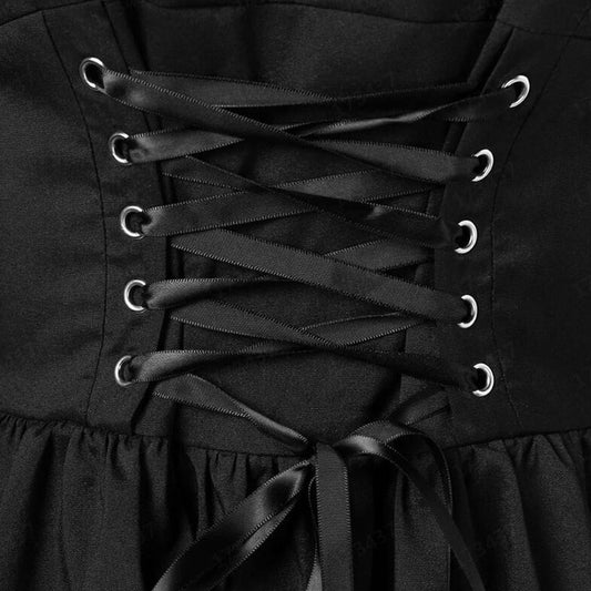 Vintage Elegant Lace-Up Gothic Retro Party Dress for Women – Gothic Punk Style with Long Flare Sleeves and Sexy Black Mesh Design
