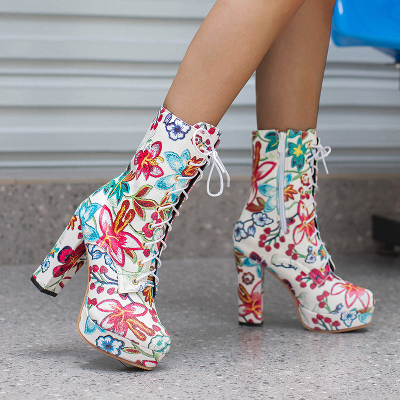 Bohemian Lace Up Platform Super High Heel Women's Short Boots