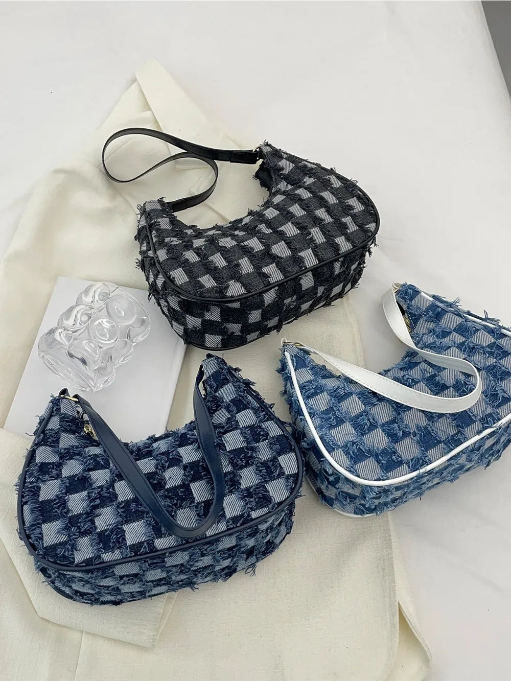 Checkered Raw Hem Denim Shoulder Bag